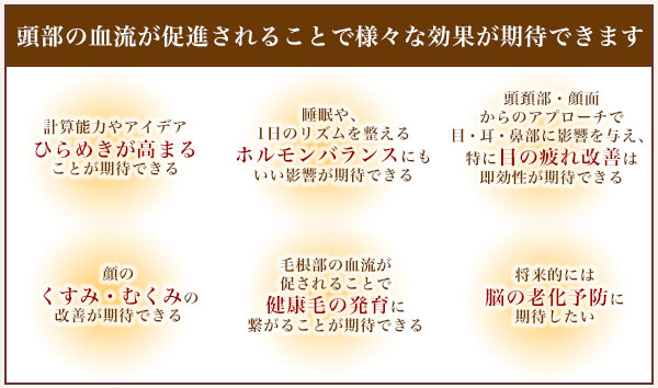 頭部の血流が促進されることで様々な効果が期待できます